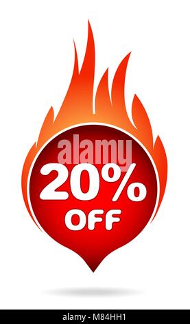 20 Prozent aus rot flammenden Sprechblase, Aufkleber, Etikett oder Symbol mit Schatten und Flamme für Ihr Design. Stock Vektor
