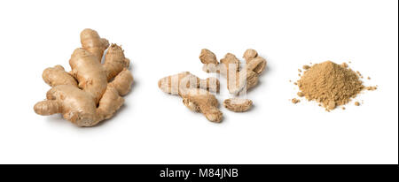 Frisch, getrocknet und Pulver gingerl auf weißem Hintergrund Stockfoto