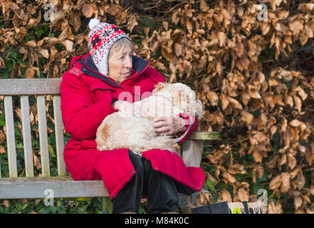 Ältere Frau auf einer Bank sitzen im Winter tragen Winter Kleidung, Kuscheln mit einem Hund auf dem Schoß, in Großbritannien. Stockfoto