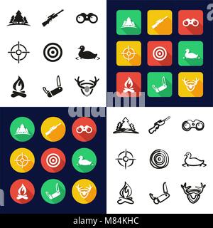 Jagd Alle in einem Symbole Schwarzweiß Farbe flaches Design Freehand eingestellt Stock Vektor