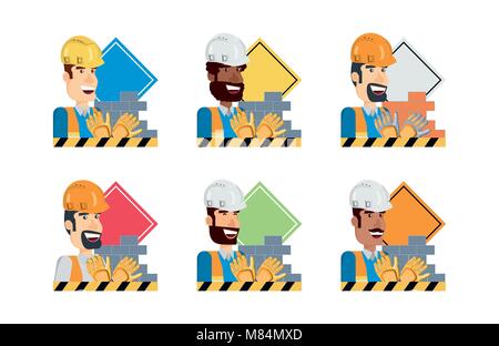 Icon Set von Bau Bauherren mit Warnung Leiterplatten über weißen Hintergrund, farbenfrohen Design Vector Illustration Stock Vektor