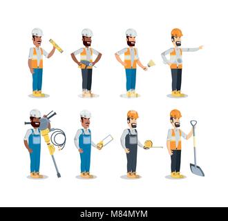 Icon Set von Bau Bauherren mit Tools auf weißem Hintergrund, farbenfrohen Design Vector Illustration Stock Vektor