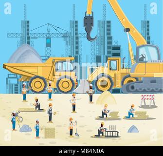 Im Bau Zone mit Bauherren und Ingenieure und Bau Lkw über blauen Hintergrund, farbenfrohen Design Vector Illustration Stock Vektor