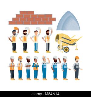 Icon Set von Konstruktion Maschinenbauer mit Betonmischer und Mauerwerk mit weißem Hintergrund, farbenfrohen Design Vector Illustration Stock Vektor