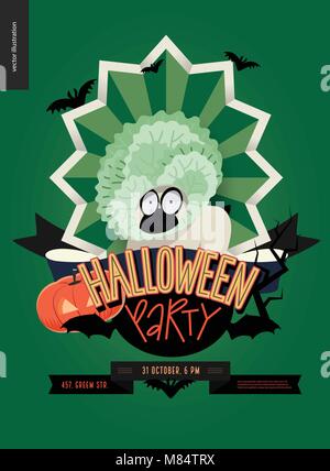 Halloween Party aus Zeichen emblem Einladung. Flache vectror Cartoon illustriert Design eine französische Bulldogge im Zentrum der gestreifte Schirm, Fledermäuse, pumpki Stock Vektor