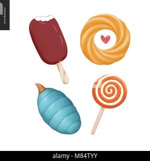 Patches, Hand gezeichnet Vektor Aufkleber Set. Eine Reihe von Cartoon 4 Hand gezeichneten Elemente. Eis, Donut mit Herz, gestreifte Lolly Pop und eine schicke bl Stock Vektor