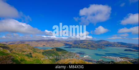 Schöne Panoramasicht auf Lyttelton Hafen- vom Christchurch Gondola Station an der Oberseite der Port Hills, Christchurch, Canterbury, Stockfoto