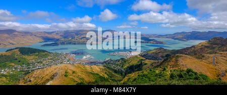 Schöne Panoramasicht auf Lyttelton Hafen- vom Christchurch Gondola Station an der Oberseite der Port Hills, Christchurch, Canterbury, Stockfoto