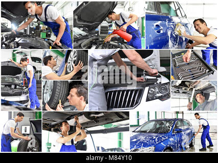 Auto Reparatur - Mechaniker in einer Werkstatt - Auto waschen - Collage mit verschiedenen Motiven in der Arbeitswelt Stockfoto