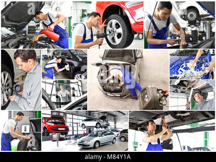 Auto Reparatur - Mechaniker in einer Werkstatt - Auto waschen - Collage mit verschiedenen Motiven in der Arbeitswelt Stockfoto