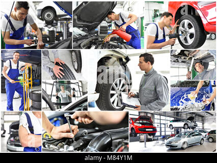 Auto Reparatur - Mechaniker in einer Werkstatt - Auto waschen - Collage mit verschiedenen Motiven in der Arbeitswelt Stockfoto