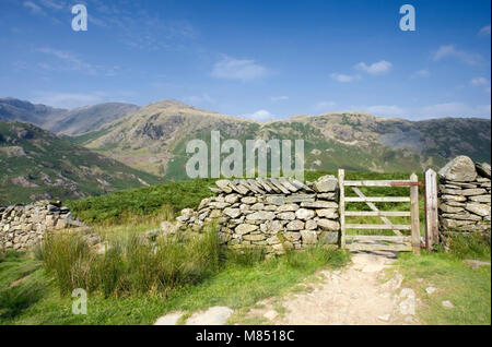 Holztor und Trockensteinmauer, die zu den Coniston Fells führt. Lake District, Cumbria, England, Großbritannien Stockfoto