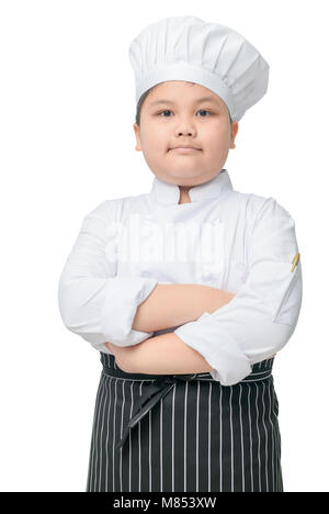 Portrait von Fat Boy Chef mit Kochen hat und Schürze stehen auf weißem Hintergrund Stockfoto