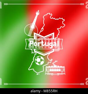 Portugal Hintergrund Design. Portugiesische nationale traditionelle Symbole auf unscharfen Flagge Stock Vektor