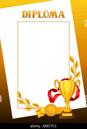 Diplom mit realistischen Auszeichnungen in Gold. Zertifikat für Sport- oder Corporate Wettbewerbe Stock Vektor
