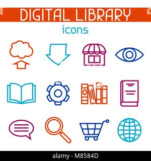 Digitale Bibliothek Icon Set. E-Bücher, Lesen und Herunterladen Stock Vektor