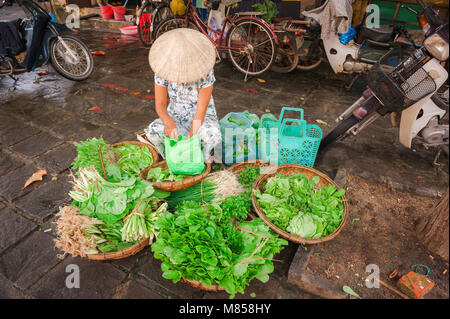 Vietnam Food Hoi an, Blick auf eine Vietnamesin mit konischem Hut, die frisches Gemüse auf der Straße auf dem Hoi an Markt in Zentral-Vietnam verkauft. Stockfoto