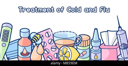 Banner mit Medikamenten und medizinischer Objekte. Behandlung von Erkältung und Grippe Stock Vektor