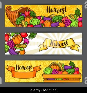 Harvest Festival Banner. Herbst Abbildung mit saisonalen Früchten und Gemüse Stock Vektor