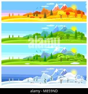 Vier Jahreszeiten Landschaft. Banner mit Bäumen, Bergen und Hügeln im Winter, Frühling, Sommer, Herbst. Stock Vektor