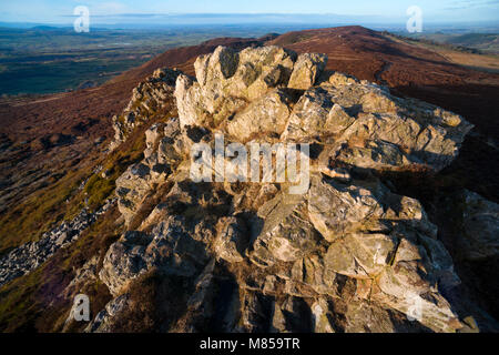 Abendlicht auf den Stuhl des Teufels, Stiperstones, Shropshire. Stockfoto