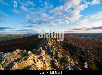 Abendlicht auf den Stuhl des Teufels, Stiperstones, Shropshire. Stockfoto