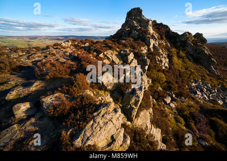 Abendlicht auf den Stuhl des Teufels, Stiperstones, Shropshire. Stockfoto