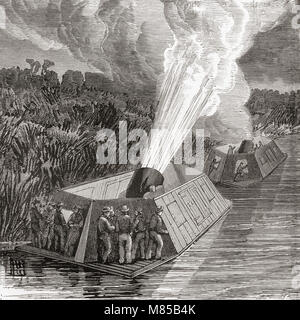 Bombardierung durch Mörtel Boote auf dem Mississippi während des Amerikanischen Bürgerkrieges, 1861-1865. Von Station und Lock's illustrierte Geschichte der Welt, veröffentlicht C 1882. Stockfoto