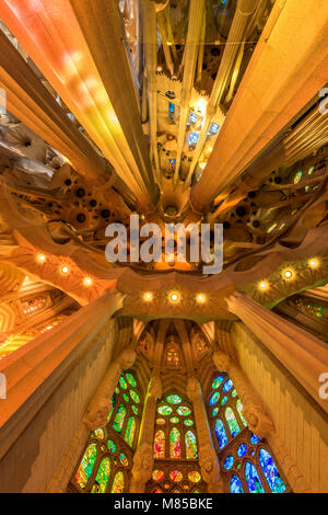 Low Angle View des Dachs im Kirchenschiff, die Sagrada Familia, Barcelona, Katalonien, Spanien Stockfoto