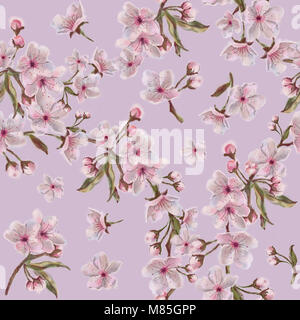 Sakura Kranz Muster auf Rosa Muster. Aquarell handgemalten floralen nahtlose Muster. Apfel, Mandel, Kirsche Kranz nahtlose Muster. Stockfoto