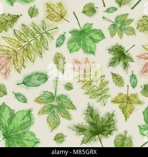 Grüne Blätter Rapport auf gelben Hintergrund. Aquarell von Hand bemalt nahtlose Muster. Botanic Muster für Hintergrund-, Druck-, Textil. Stockfoto