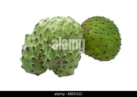 Soursop und Custard Apple Früchte zentriert und isoliert auf weißem Hintergrund Stockfoto