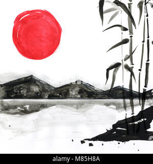 Bambus im japanischen Stil. Aquarell Malerei Illustration Hand Stockfoto