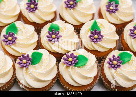 Frisch gebackene Vanille Cupcakes mit Butter Creme. Süße Hintergrund. Stockfoto