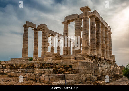 Die Ruinen der Tempel des Poseidon, in Kap Sounion, in Griechenland. Stockfoto