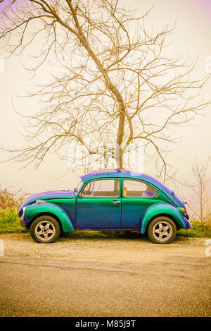 Berg Pelion, Griechenland - VOLOS JANUAR 2017: blau cyan Volkswagen Käfer Oldtimer in einer Straße vor einem Baum geparkt. Stockfoto