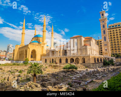 Die Koexistenz der Religionen im Libanon - Saint George maronitischen Griechisch-orthodoxen Kathedrale und dem Mohammad Al-Amin Moschee Stockfoto