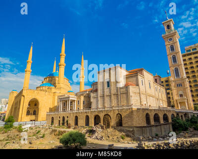 Die Koexistenz der Religionen im Libanon - Saint George maronitischen Griechisch-orthodoxen Kathedrale und dem Mohammad Al-Amin Moschee Stockfoto