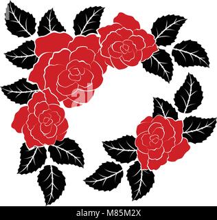 Vector Hintergrund Dekoration mit roten Rosen und Blätter schwarz auf weißem Hintergrund. Rose oder Hibiscus rosa sinensis Schablonen. floral tattoo Silhouette Stock Vektor