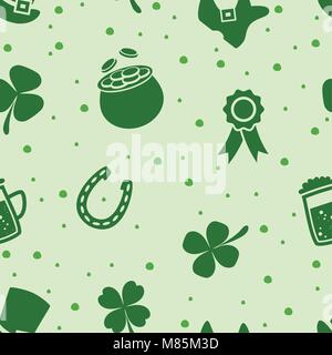 Vektor nahtlose Muster der irischen St. Patrick's Day mit shamrock Clover, Bier, Geld Kessel voll mit goldenen Münzen, Kobold hat und Horseshoe. gree Stock Vektor