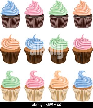 Vektor einrichten von bunten Cupcake Symbole auf weißem Hintergrund. Sammlung von Dessert, Geburtstag und Obst Cupcakes. Kuchen Muffins mit Sahne Stock Vektor