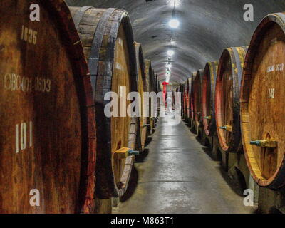 Yantai Yantai, China. 15 Mär, 2018. Yantai, China - Die changyu Wein Kultur Museum, 1992 gegründet, in Yantai befindet, der ostchinesischen Provinz Shandong. Als der einzige Wein Museum in China, es erzählt die Geschichte der Changyu Winery und lockt eine große Anzahl von berühmten Menschen und Touristen aus dem In- und Ausland. Im Jahr 1892, wenn die verwestlichung Bewegung boomte, Zhang "Bishi, eine chinesische Leben in Malaysia, gründete die Kellerei in Yantai Changyu. Sein Ziel war es, hochwertige Wein Produkte. Dieses Museum besteht aus hundert Jahre alten unterirdischen Keller Neben ex Stockfoto