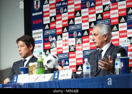 Tokio, Japan. 15 Mär, 2018. (L und R) Akira Nishino, Vahid Halilhodzic (JPN) Fußball: Head Coach Vahid Halilhodzic während einer Pressekonferenz der Ankündigung die Mitglieder der Japan National Team für Internationale Freundschaftsspiel in Europa. in Tokio, Japan. Credit: YUTAKA/LBA SPORT/Alamy leben Nachrichten Stockfoto