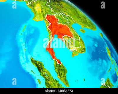 Platz orbit Ansicht von Thailand in Rot hervorgehoben auf dem Planeten Erde mit sichtbaren Grenzen. 3D-Darstellung. Elemente dieses Bild von der NASA eingerichtet. Stockfoto