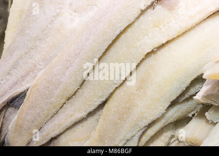 Hintergrund Der gefrorene Fischfilets der weißen Sorten auf den Atlantischen Ozean. Stockfoto