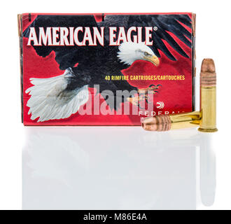 Winneconne, WI-5. März 2018: eine Box von American Eagle 22 lange Gewehr Munition an einem isolierten Hintergrund. Stockfoto