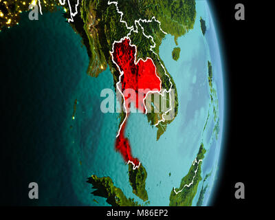 Sat-morgen Ansicht von Thailand in Rot hervorgehoben auf dem Planeten Erde mit sichtbaren Grenzen und die Lichter der Stadt. 3D-Darstellung. Elemente dieser Ima Stockfoto