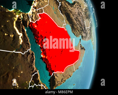 Sat-morgen Blick auf Saudi-arabien in Rot hervorgehoben auf dem Planeten Erde mit sichtbaren Grenzen und die Lichter der Stadt. 3D-Darstellung. Elemente dieser Stockfoto