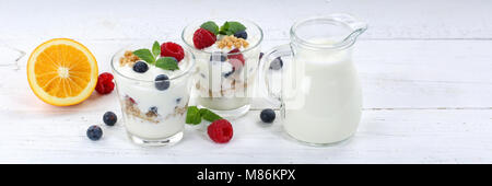 Berry Joghurt Joghurt mit Beeren Obst Schale Müsli banner Frühstück essen Stockfoto