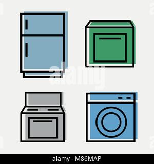 Küchengeräte Web-Set mit 4 Symbolen - Kühlschrank, Teller, Waschmaschine, Spülmaschine Stock Vektor